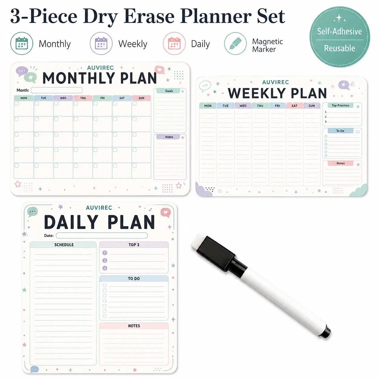 Auvirec 3-Piece Set Reusable Pet Dry Erase Calendar Planner, Monthly Weekly Daily Plan Combo, Home Office Kitchen Wall Memo Board, Includes Marker Pen