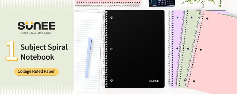 College Ruled Paper, x 101/2", 100 Sheets per Notebook, 3Hole Punched Paper, Water Resistant Cover, Doublesided Pockets, Spiral Lined Notebooks for Work, Black