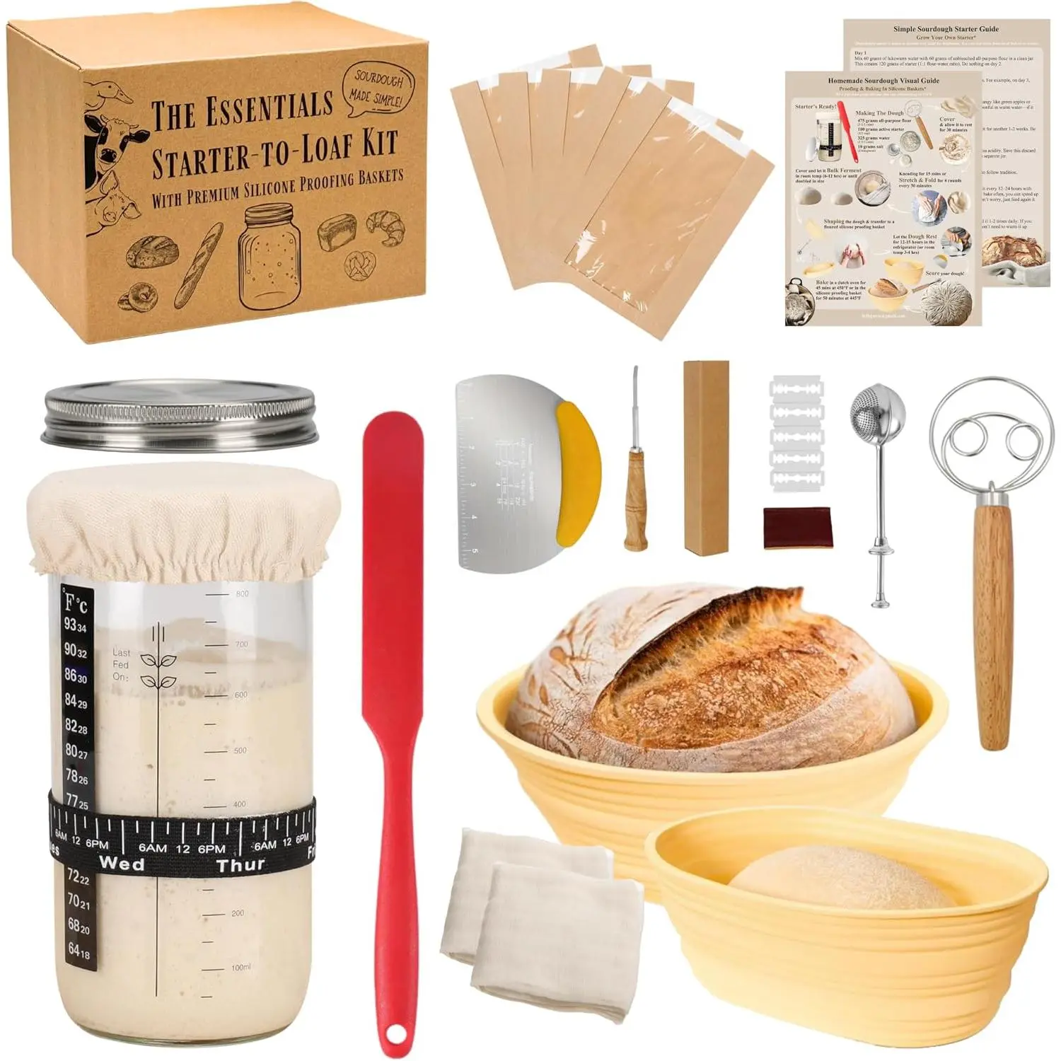 Sourdough Starter Kit, Complete Starter-To-Loaf Set with Instructions, Sourdough Starter Jar,  Proofing Baskets, Danish Dough Whisk, Dough Scraper, Bread Lame & Sourdough Baking Supplies