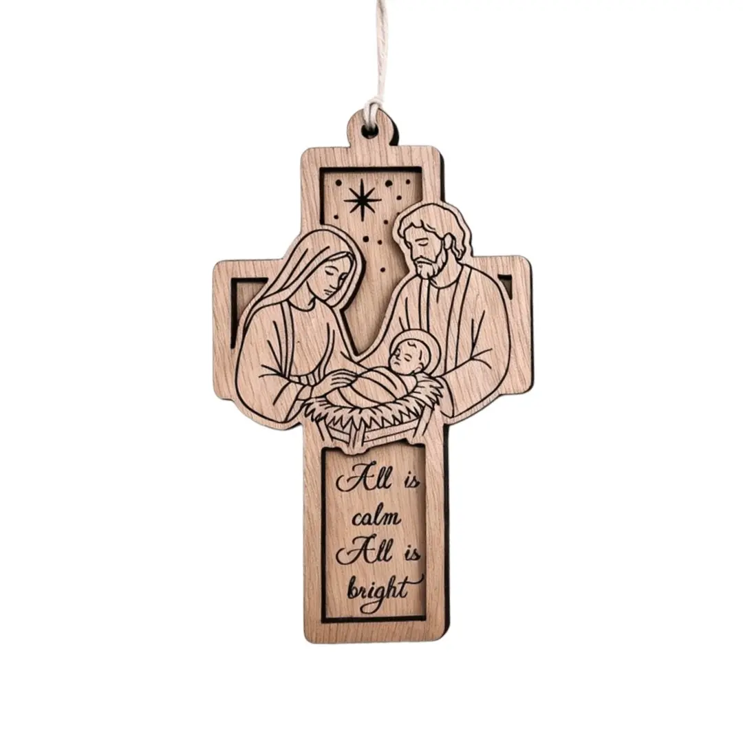 Wooden 3D Cross Jesus Birth Scene Christmas Decoration, Holy Family Ornament, Religious Christian Gift for Christmas Tree