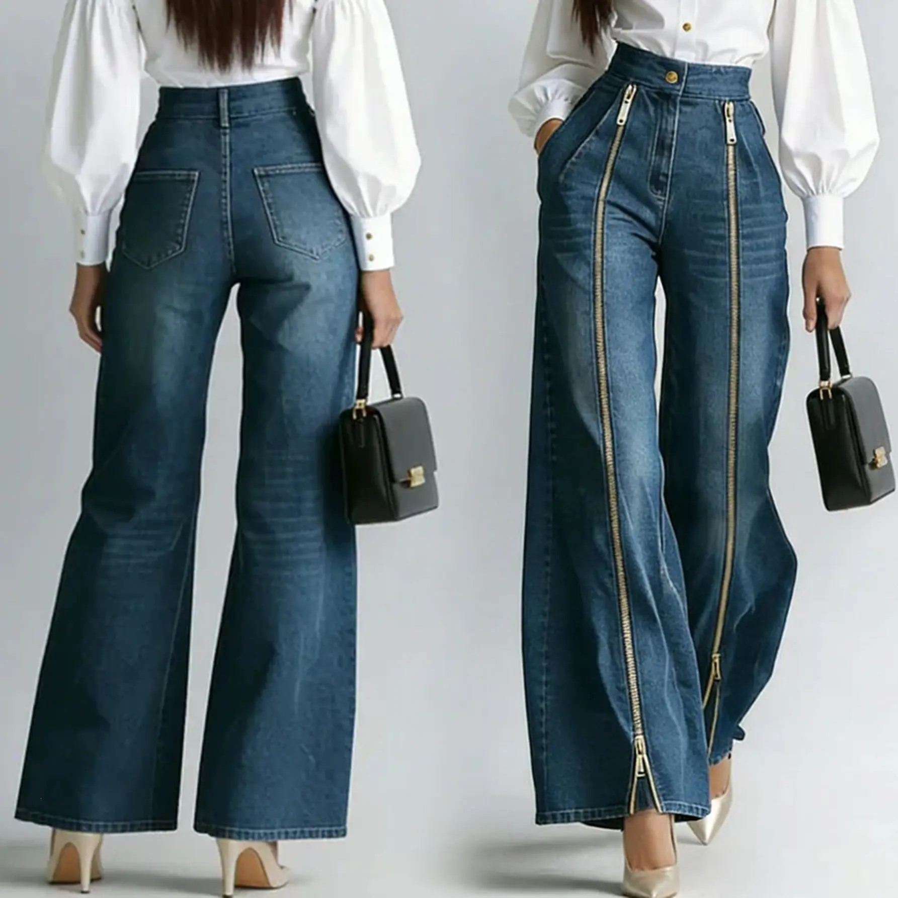 Women's High Waist Cargo Split Flared Jeans| Heavy-Duty Metal Zipper Decor Wide-Leg Denim Pants| Y2K Patchwork Floor-Length Trousers Womenswear Aesthetic