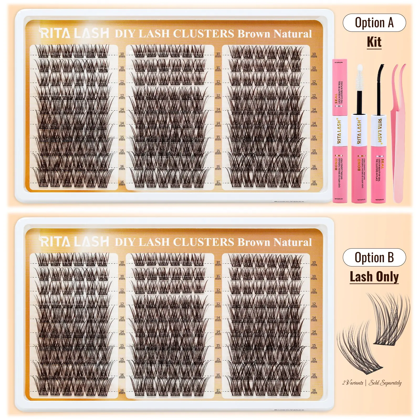 RITALASH 180PCS Dark Brown Velure Lash Clusters Natural Clusters Kit Wispy Individual Lashes Clusters DIY Ultra-Light Lash Extensions Soft D Curly Eye Lashes with Bond&Seal and Tweezers Volume Cluster Lashes