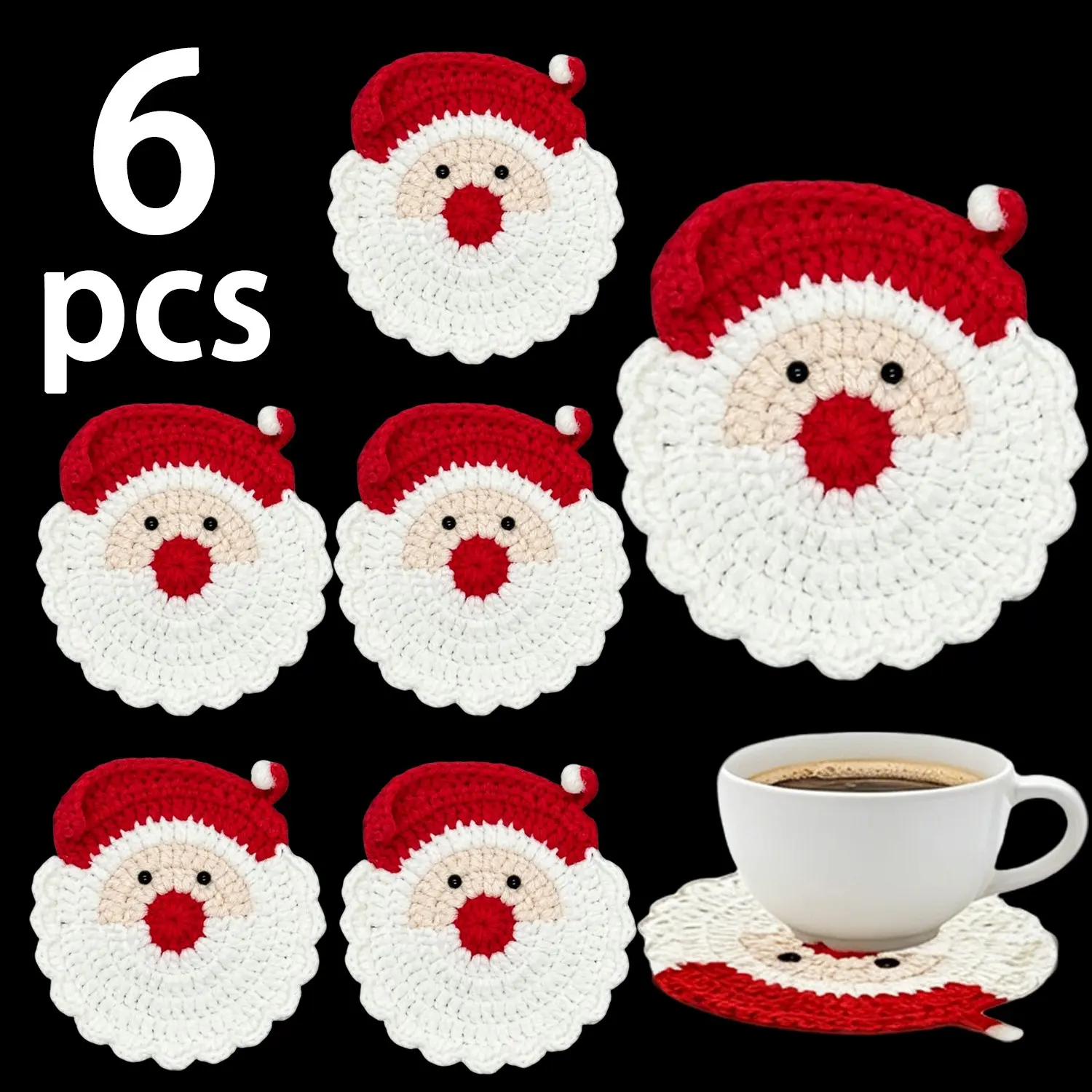 6pcs Winter Christmas Crochet Coasters, Handmade Christmas Gift Knitted Coaster Set, Holiday Table Decorations, Creative Christmas Gift, Seasonal Table Accessories, Suitable for Holiday Party Gifts, Kitchen, Office, and Home Decor