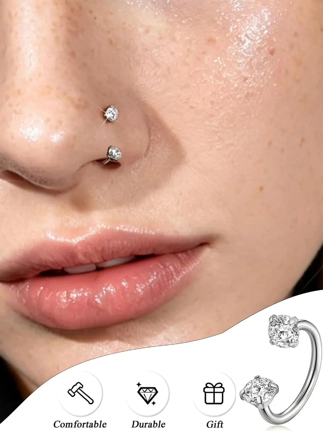 Horseshoe Nose Ring 20G 316L Surgical Steel Double CZ Internally Threaded Cartilage Helix Tragus Earrings for Women Men Septum Nostril Lip Eyebrow Piercing 8MM Silver Plated