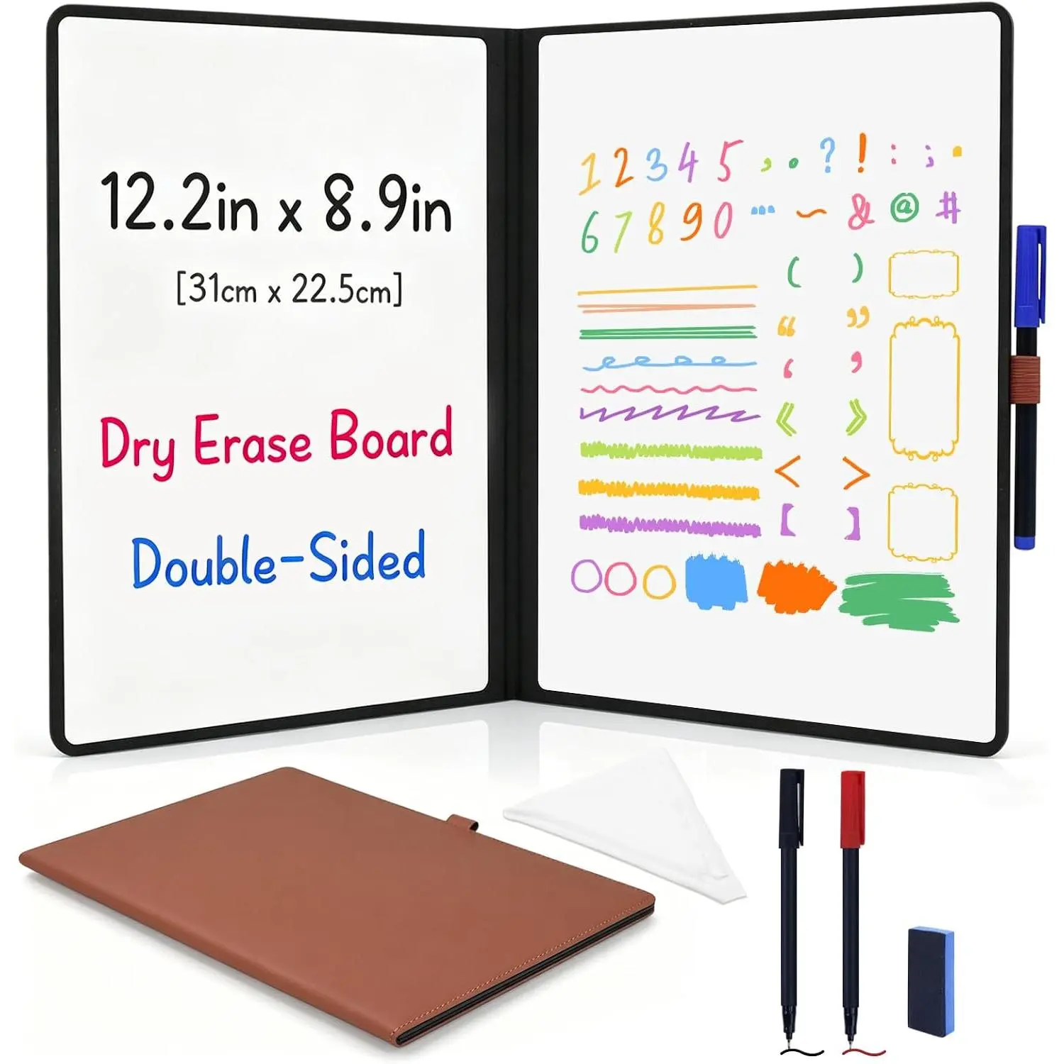 Portable White Board Notebook - 12"x9" Double Sided Folding Dry Erase Board with 3 Pens, Eraser, Cleaning Cloth,  Desktop Whiteboard for Notes, Lists, Brainstorming, Office School, Brown