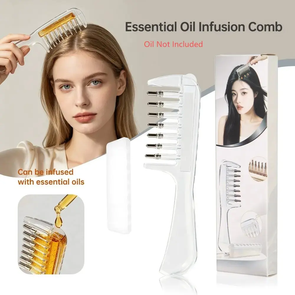 Multi-Functional Transparent Liquid Storage Massage Comb, Metal Teeth, Hair Care Essential Oil Applicator, Portable Salon Tool