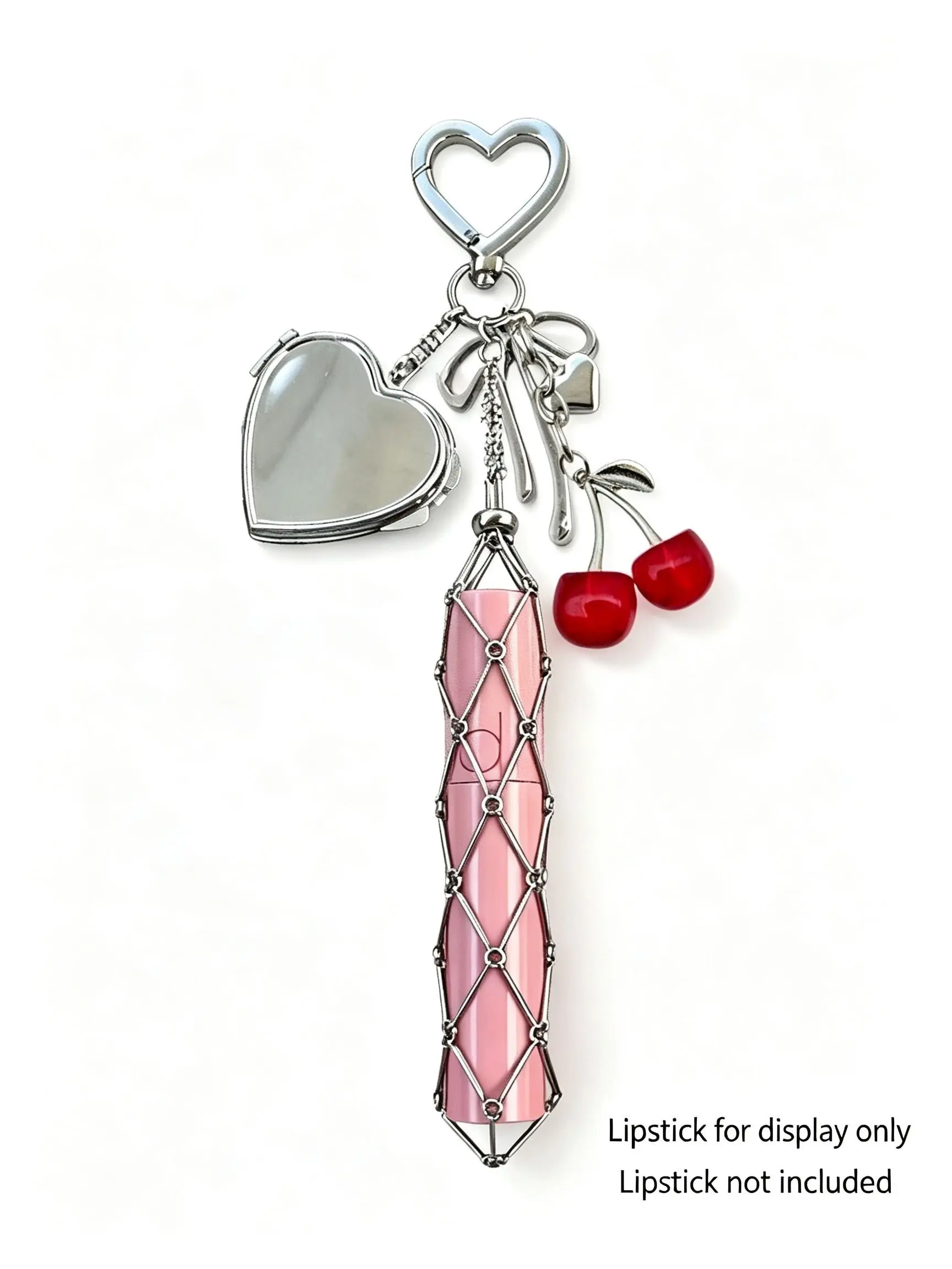 Creative Cherry Heart Mirror Mesh Keychain, Fashion Bow Bag Charm, Adjustable Lipstick Holder, Perfect Gift for Backpacks and Keys, Heart Design Keychain