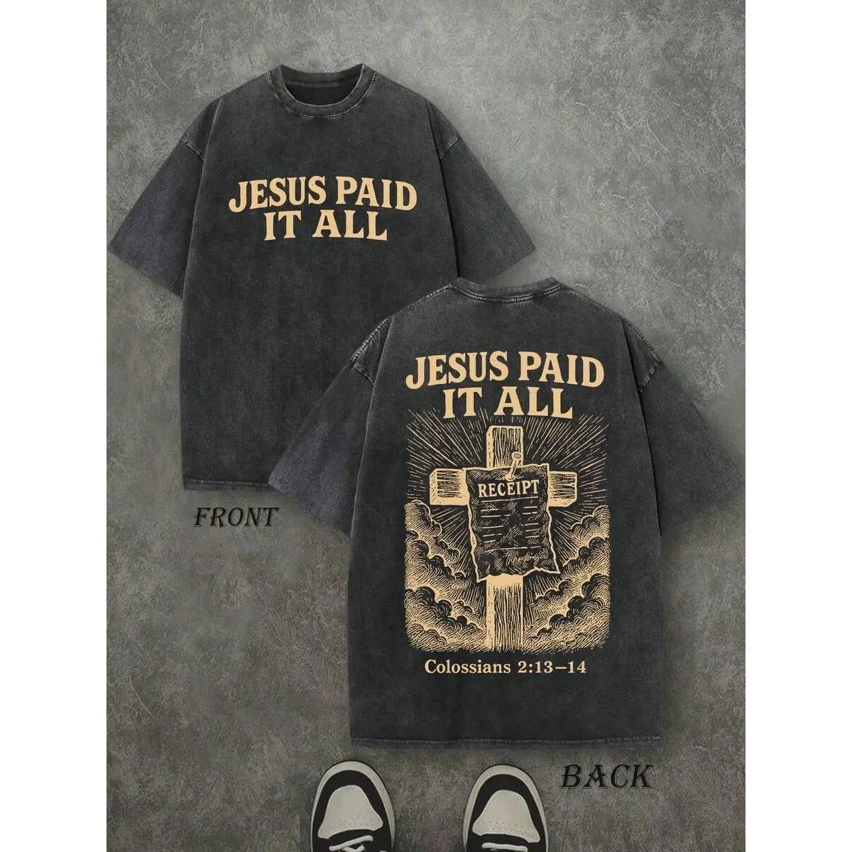 Retro Washed T-Shirt Double Sided Printed (230 Pure Cotton) 'JESUS PAID IT ALL' Letter And Cross Pattern Print, Christian Gift, Men's T-Shirt Unisex