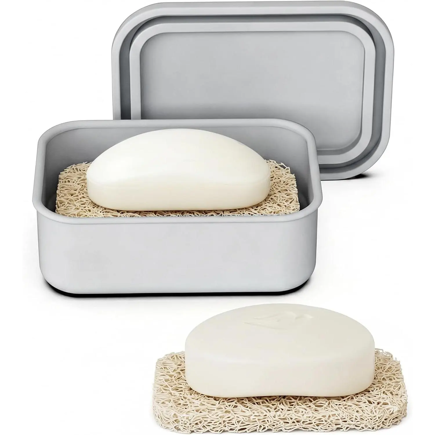 Silicone Leakproof Bar Soap Travel Case, Portable Soap Holder Dish Container with Soap Saver Pad for Shower Bathroom Sink Traveling, Shampoo and Conditioner Bar Holder Travel Essentials, Grey