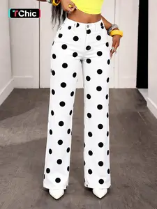 Fashion Women's Polka Dot Long Pants Trouser, High Waist Wide Leg Jeans, Loose Fit Elastic Fabric, Casual All Season Wear