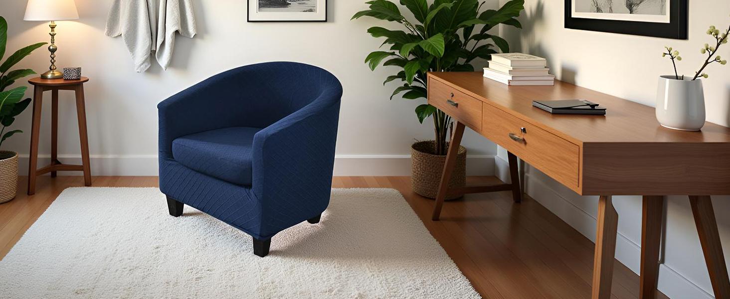 NILUOH Barrel Chair Cover 2 Piece, Stretch Jacquard Club Chair Slipcover, Elastic Armchair Cover for Curved & Round Chairs,Soft Washable Furniture Protector, Navy
