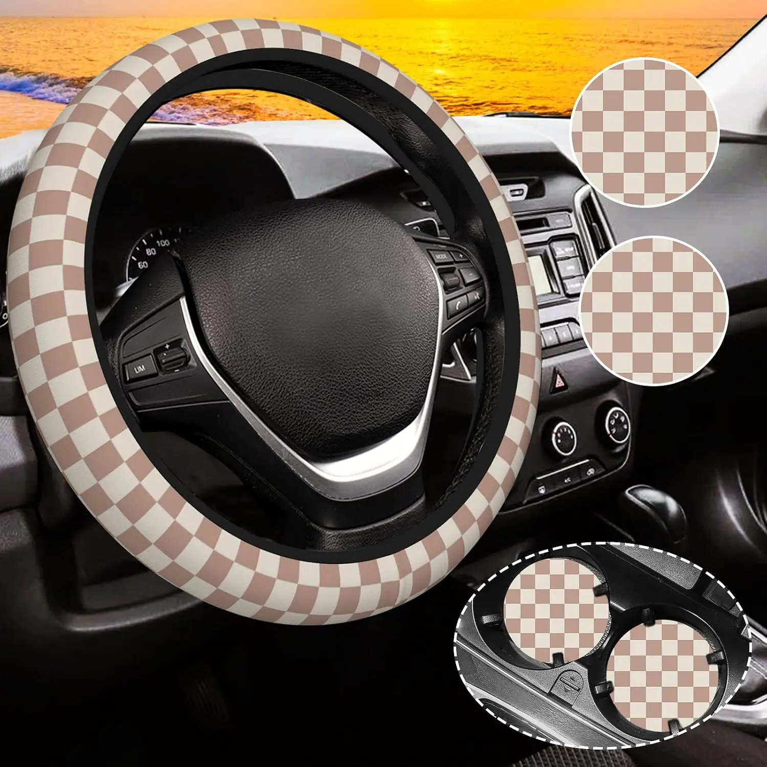 Khaki Checkered Steering Wheel Cover for Women, Auto Steering Wheel 14-15 Inch  Interior Accessories with 2 count  Coasters,Suitable for Men and Women