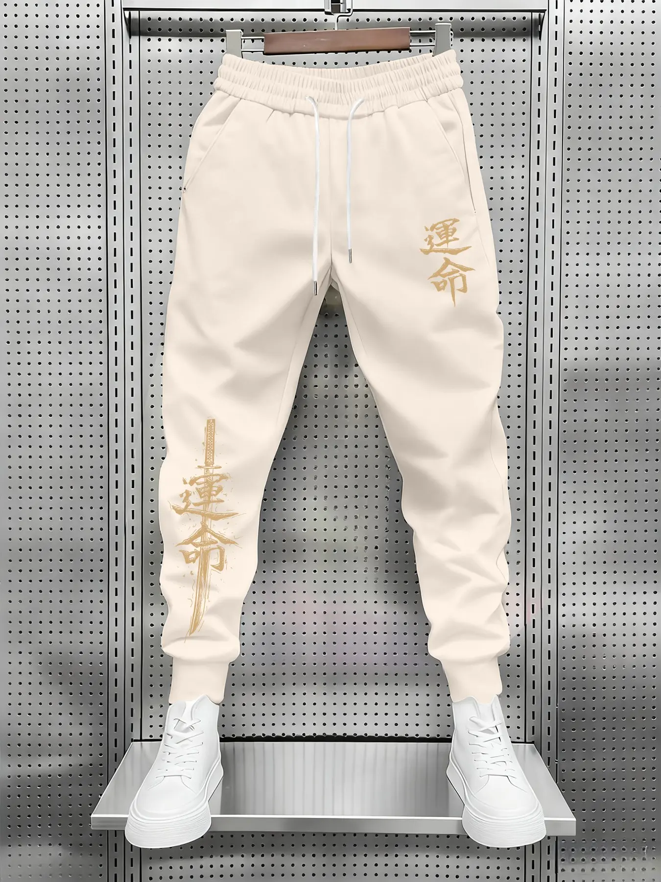 Men's Christmas Pattern Fitted Pants, Casual Unlined Long Pants with Drawstring Waist, All-Season New Chinese Style Sportswear, Casual Sporty Pants
