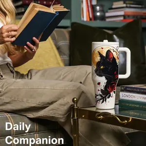 1pc 40oz Black Cat Moon Floral Tumbler with Handle, Leakproof Lid and Straw, Double Wall Vacuum Insulated Stainless Steel Cup, Keeps Hot 12H Cold 24H, TikTok Viral Cup for Car Office Gym Daily Use