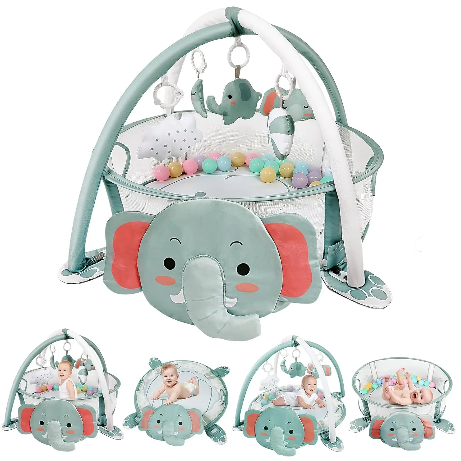 4-in-1 Baby Play Mat Baby Gym,Ball Pit Including 30 Balls  Newborn Toddler Boy & Girl Gifts(Elephant)