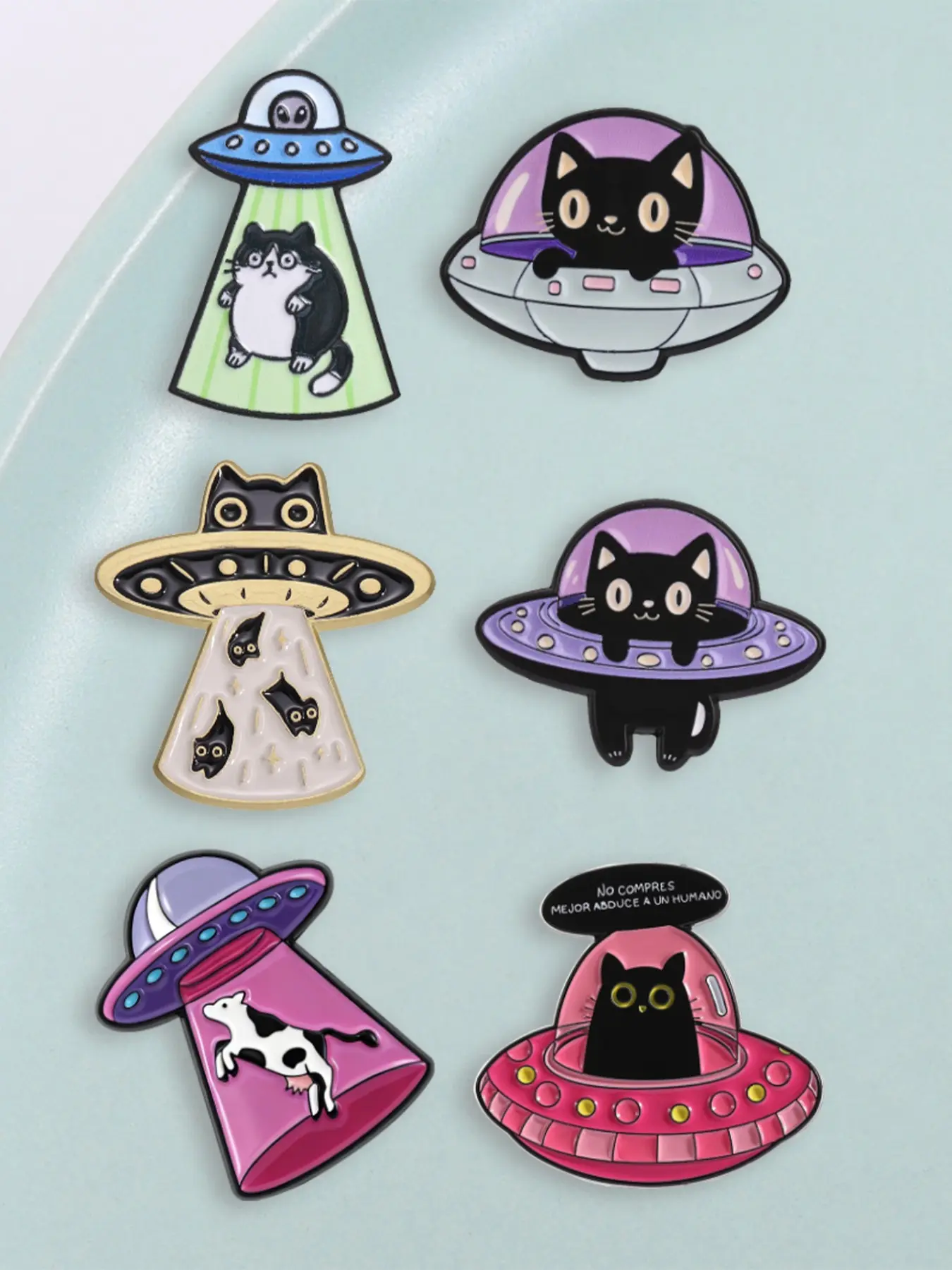 Funny Ufo Alien Spaceship Cat Enamel Pin Set, 6pcs Sci-Fi Abduction Meme Lapel Badge, Backpack Accessory, Unique Gift Idea