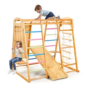VEVOR Indoor Playground Jungle Gym, 9-in-1 Montessori Climbing Toys for Toddlers, 250LBS Wooden Indoor Playground Playset with Monkey Bar, Swings, Slide, Rope / Wooden Ladder, Climbing Net, Bar & Roc