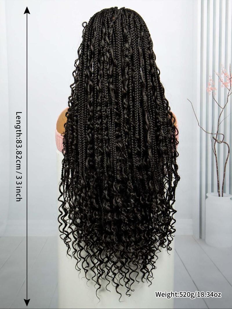 33 Inch Black Full Lace Front Box Braided Wig with Curly Hair Distressed Knotless Braided Wigs for Women, Synthetic Braided Lace Wigs for Party, Daily Use, Wigs That Look Like Real Hair, Kinky Curly Wigs