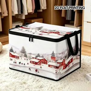 Foldable Storage Box, Winter Snow Scene Wooden House Village Theme, Large Capacity, Zipper & Reinforced Handle, Home Organization Gift
