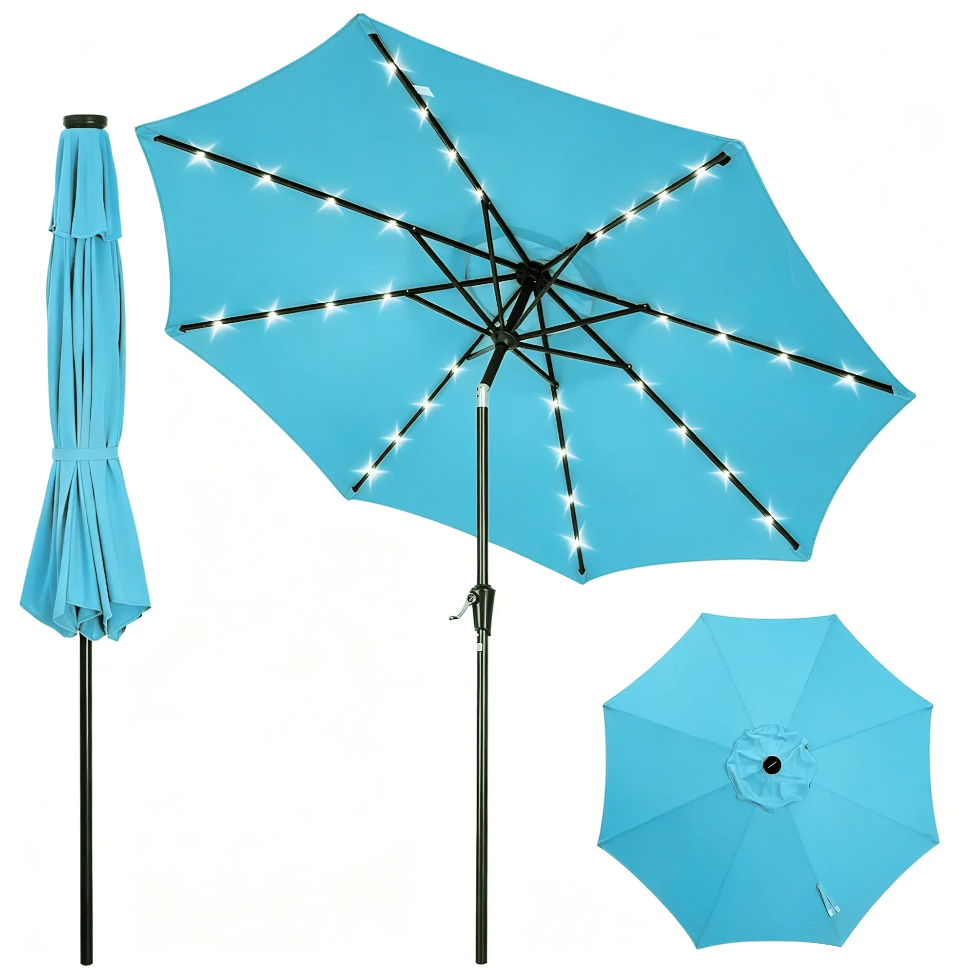9 ft Outdoor Patio Sun Umbrella Parasol - Built-in 32 Solar LED Lights, Crank & Tilt System, Waterproof UV Protection, Solar Illuminated Parasol for Garden, Pool, Camping (Light Up Your Space), Built-In Solar Led Lights Parasols