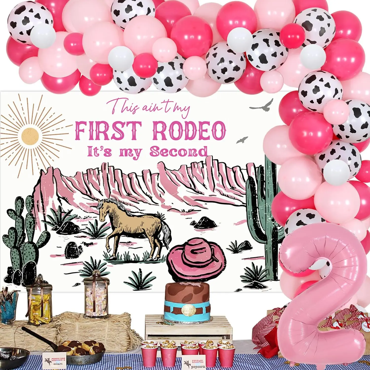 Retro Western Cowgirl Style Funny 2nd Birthday Decorations Full Kit - "This Ain't My First Rodeo Its My Second" Backdrop Banner, Pink Cow Print Balloon Arch Kit, 2 Foil Balloons for Wild West Party Celebrations
