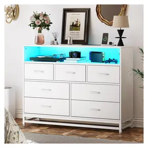 GARVEEModern 7-Drawer Dresser with Built-in Charging Station, Multifunctional LED Lights with 6000+ Colors, Scratch-Resistant & Water-Resistant Design for Bedroom, Living Room & Office