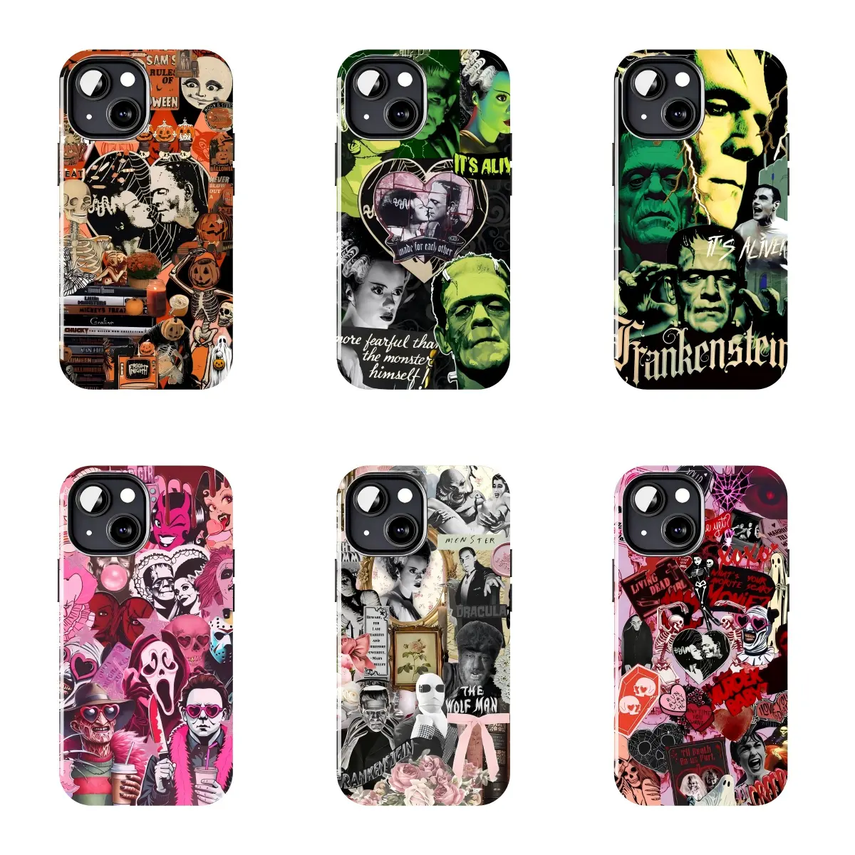 Vintage Universal Monsters Collage Print Phone Case, Universal Fit Protect Cover with Camera Protection for iPhone 11-17 Pro Max/Plus, Samsung Galaxy S23-25, Various Models
