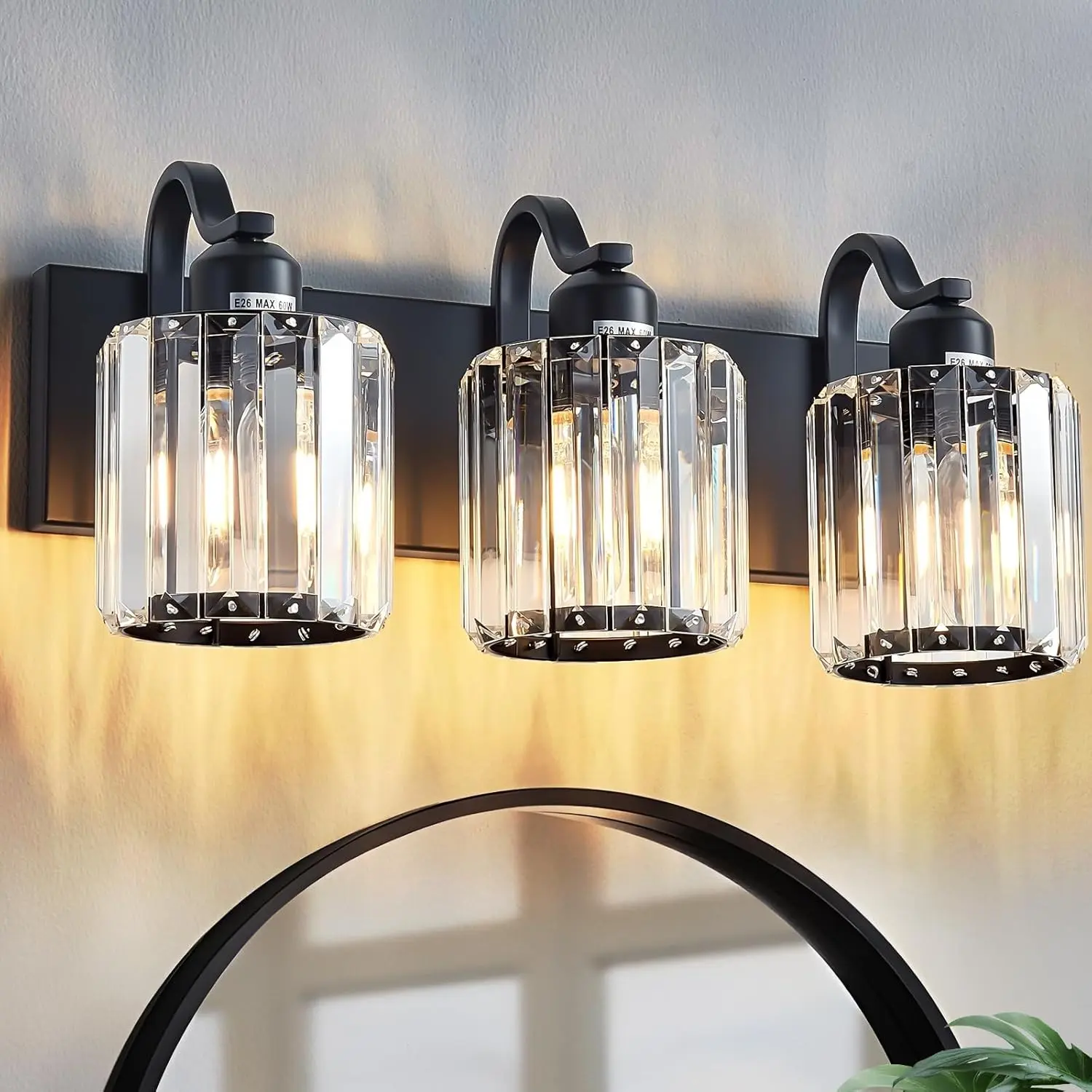 Modern 3-Lights Black Bathroom Vanity Light, Crystal Bathroom Lights Over Mirror, Modern Wall Lighting Fixtures with Crystal Round Shade (Exclude Bulb)