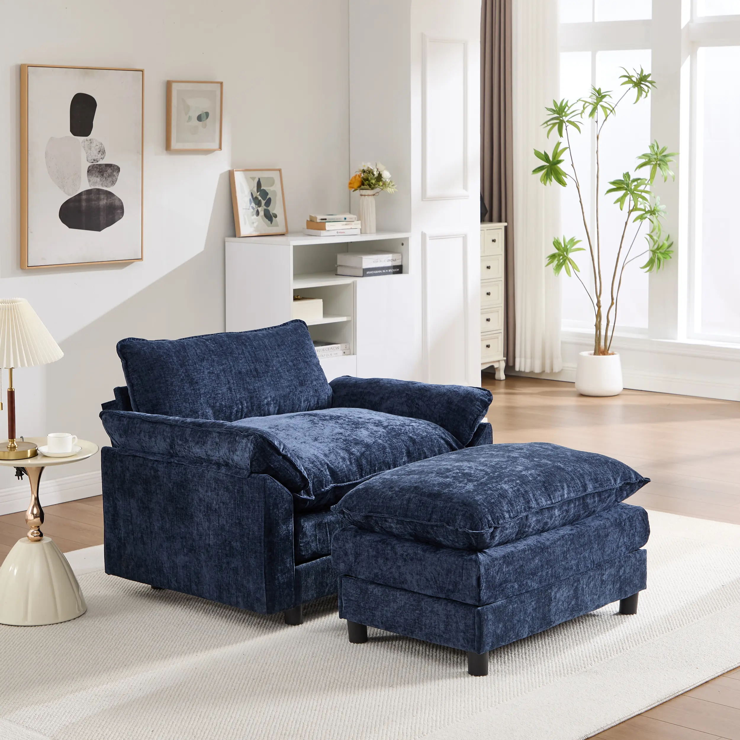 ARCH Modern Accent Chair with Ottoman Set, 44.5" Oversized Club Armchair for Living Room, Blue Chenille Upholstered Comfy Reading Chair with Pillow Top Arms, Soft Foam Filled, Wood Frame, 350 lbs Capacity, 1 Seat Combo for Bedroom