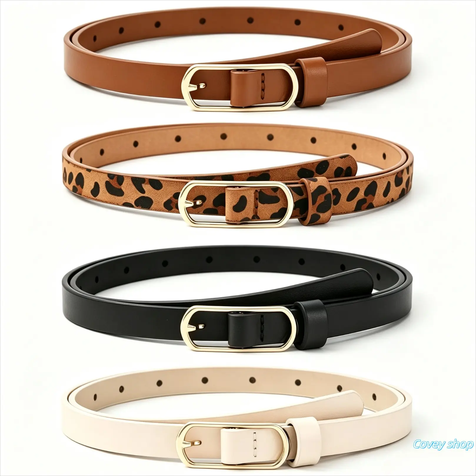 Women's 4-Piece Faux Leather Skinny Waist Belts - Oval Gold Buckle Adjustable Strap, Multi-Color PU Leather Belts for Casual Wear, Dresses (Sports Collectibles Figurine Styling Accessory), Belt With Buckle