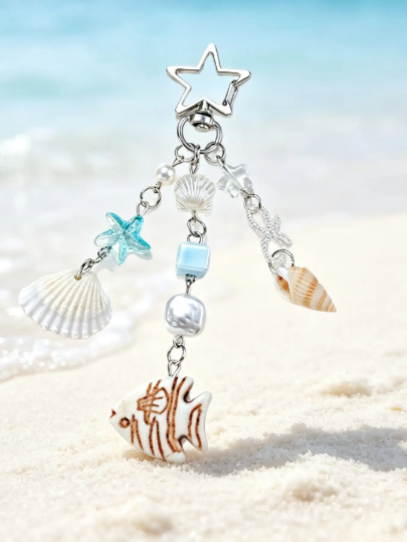 Handmade Ocean Theme Keychain, Natural Shell, Seashell, Blue Starfish, Tropical Fish, Pearl, Light Blue Bead, Lobster Clasp, Beach Party Gift