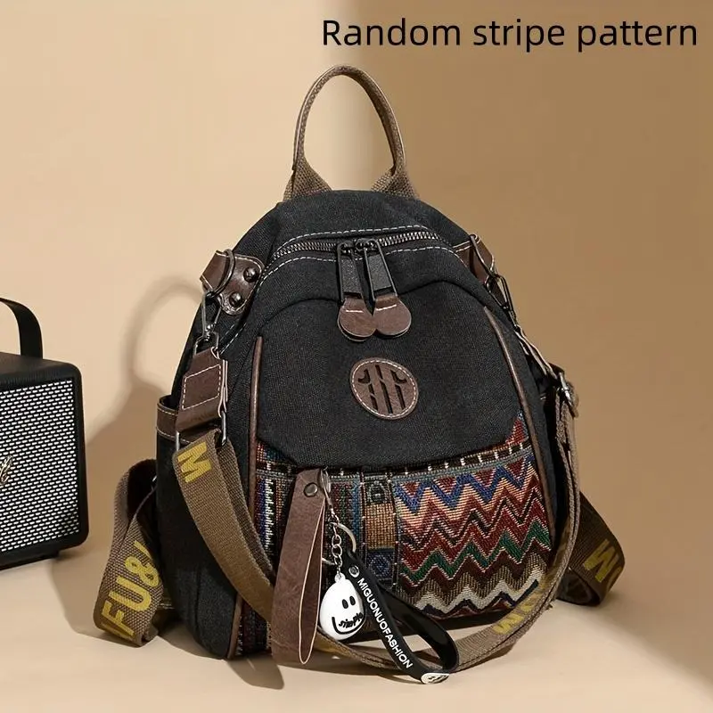 Women's 2-in-1 Convertible Backpack Purse, Boho Ethnic Pattern Crossbody Bag, Random Stripe Design, Small Lightweight Shoulder Bookbag with Backpack for School, Suitable for Travel & Daily Use