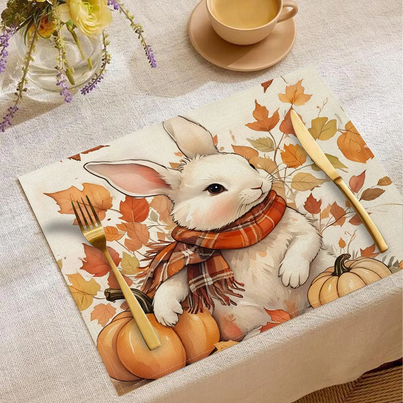 Autumn Harvest Table Placemats, Rabbit Pumpkin Print, Heat Resistant, Simple Style, Ideal for Festive Dinners & Daily Use, Home Decor