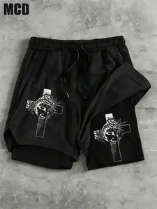 Mcd Jesus Thorn Crown Cross Sketch Faith Print 2-In-1 Liner Shorts, Unisex Quick Dry Drawstring Athletic Shorts, Casual Gym Beach Wear