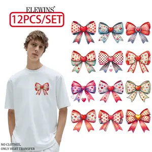 12 Sheets Valentine's Day Bow Iron-On Transfer Stickers Patches DIY T-Shirt Jeans Backpack Family Clothing Hat Decorative Patches