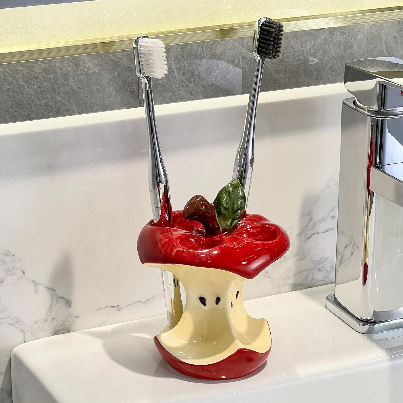 High-Value Apple Core Toothbrush Holder Ceramic Base, Water-Drip Design Bathroom Sink Accessory, Creative Toilet Essentials, Toothbrush Storage