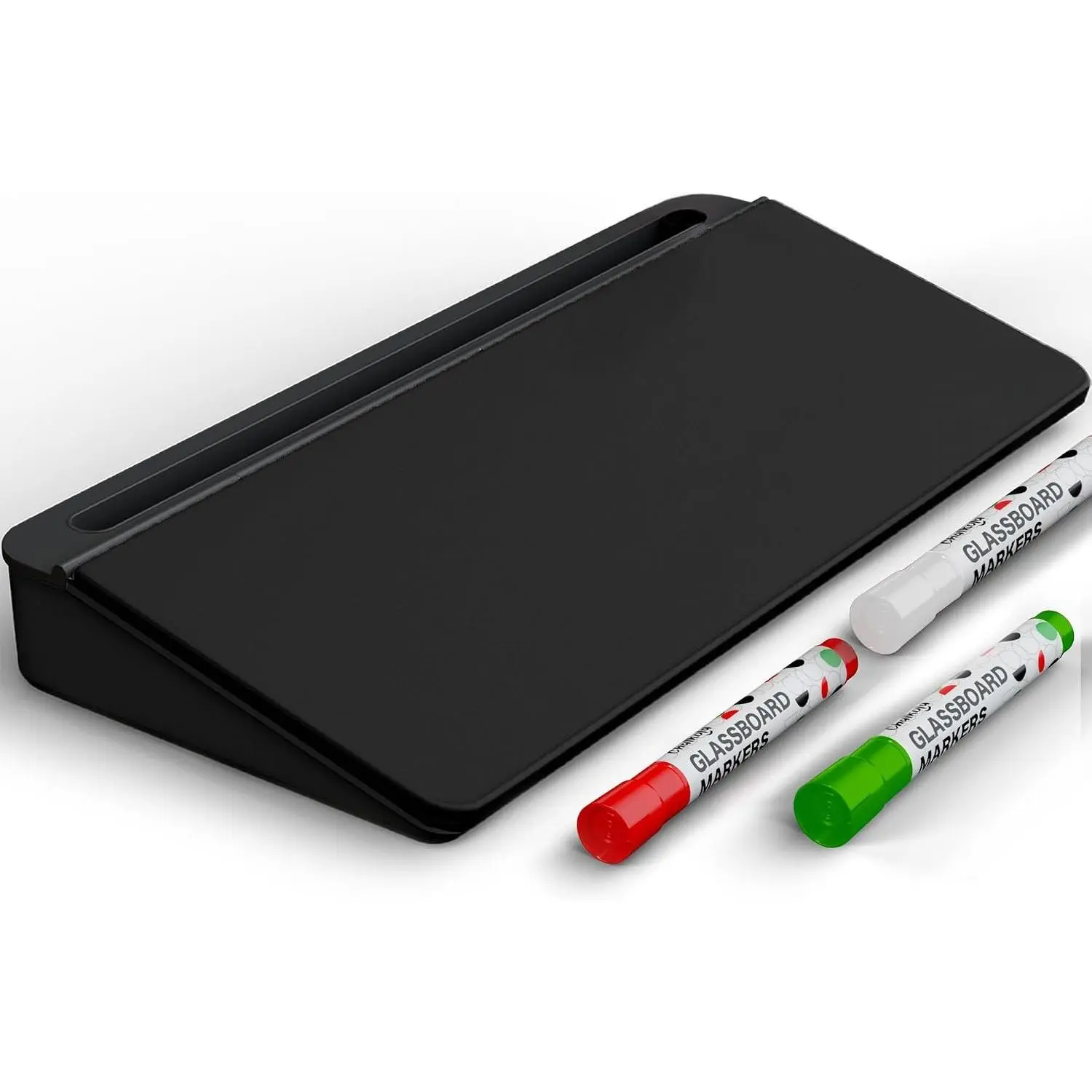 Black Glass Desktop Whiteboard with Storage - Desk Organizer, Dry Erase Board, Keyboard Stand, Office Accessories + 3 Markers, Mark