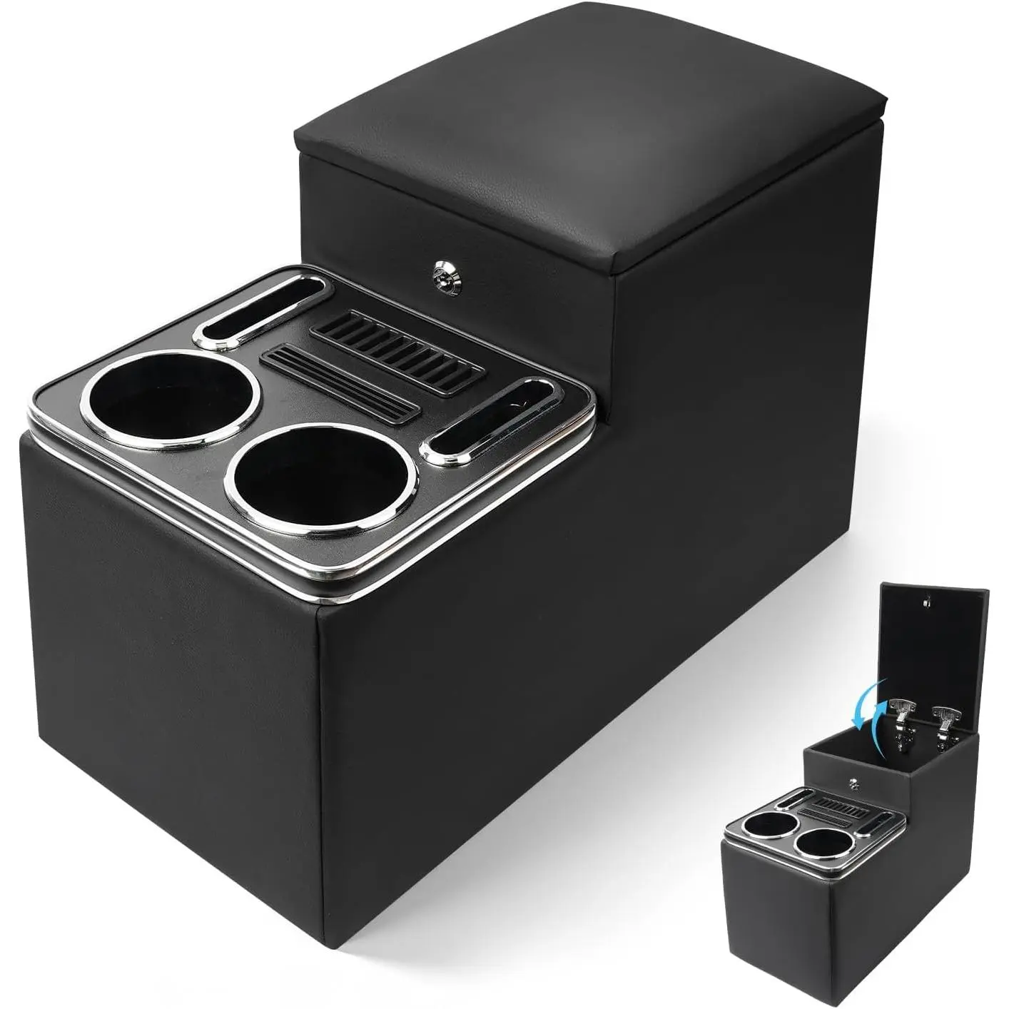 Synthetic Front Seat Bench Center Console with Locking Org. - Interior Stowage Accessory for Minivans/SUVs, Featuring 2 Cup Holders, 2 Phone Slots, and Card Compartment