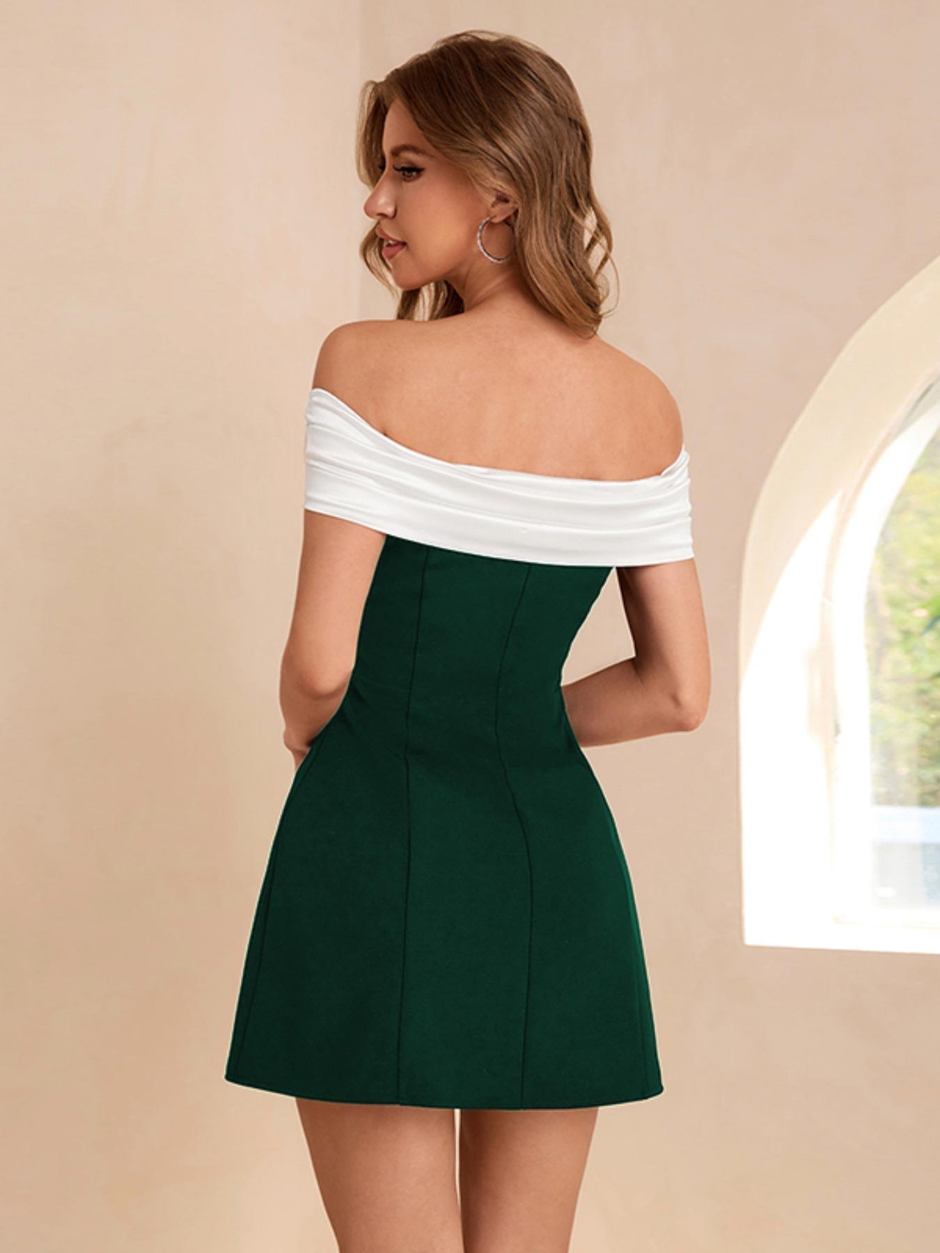 One Shoulder Colorblock Formal Party Dress, Backless Slim-Fitting Short Dress, Chic Elegant Christmas & Holiday Wear, Fall & Winter Fashion