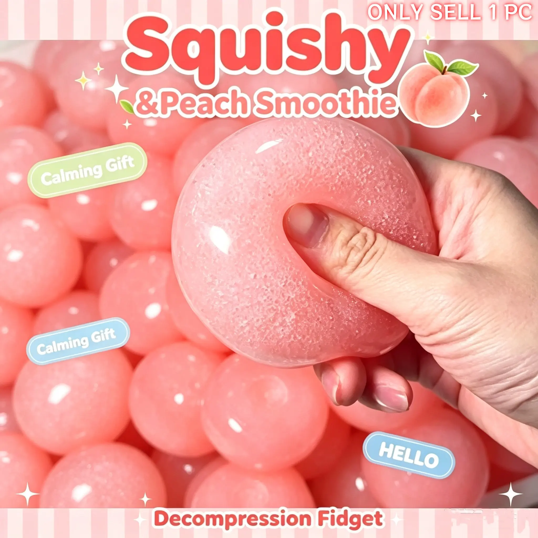 1pc Pink Peach Ice Cream Squishy, Transparent Peach TPR Soft Rubber Squeeze Toy, Squishy Fidgets, Sand-Sound Stress Relief Fingertip Toy, Soft Non-Sticky Pocket Desktop Ornament, Suitable For Office, Travel And Daily Use, Holiday Birthday Gift