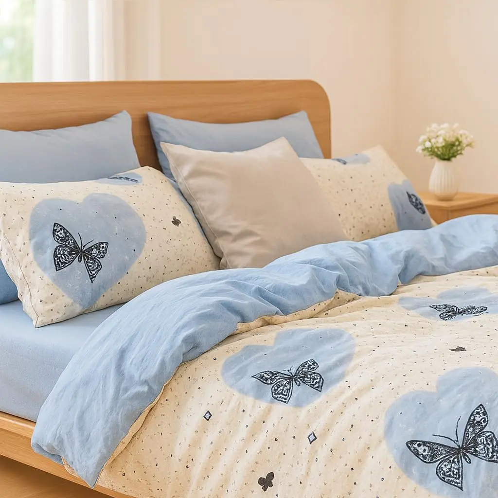 Queen Cornflower Blue Reversible Butterfly Floral Microfiber Duvet Cover Set, Soft Breathable Comforter Cover with Pillowcases, Machine Washable Bedding for Dorm & Cottage Home Decor, Bedroom