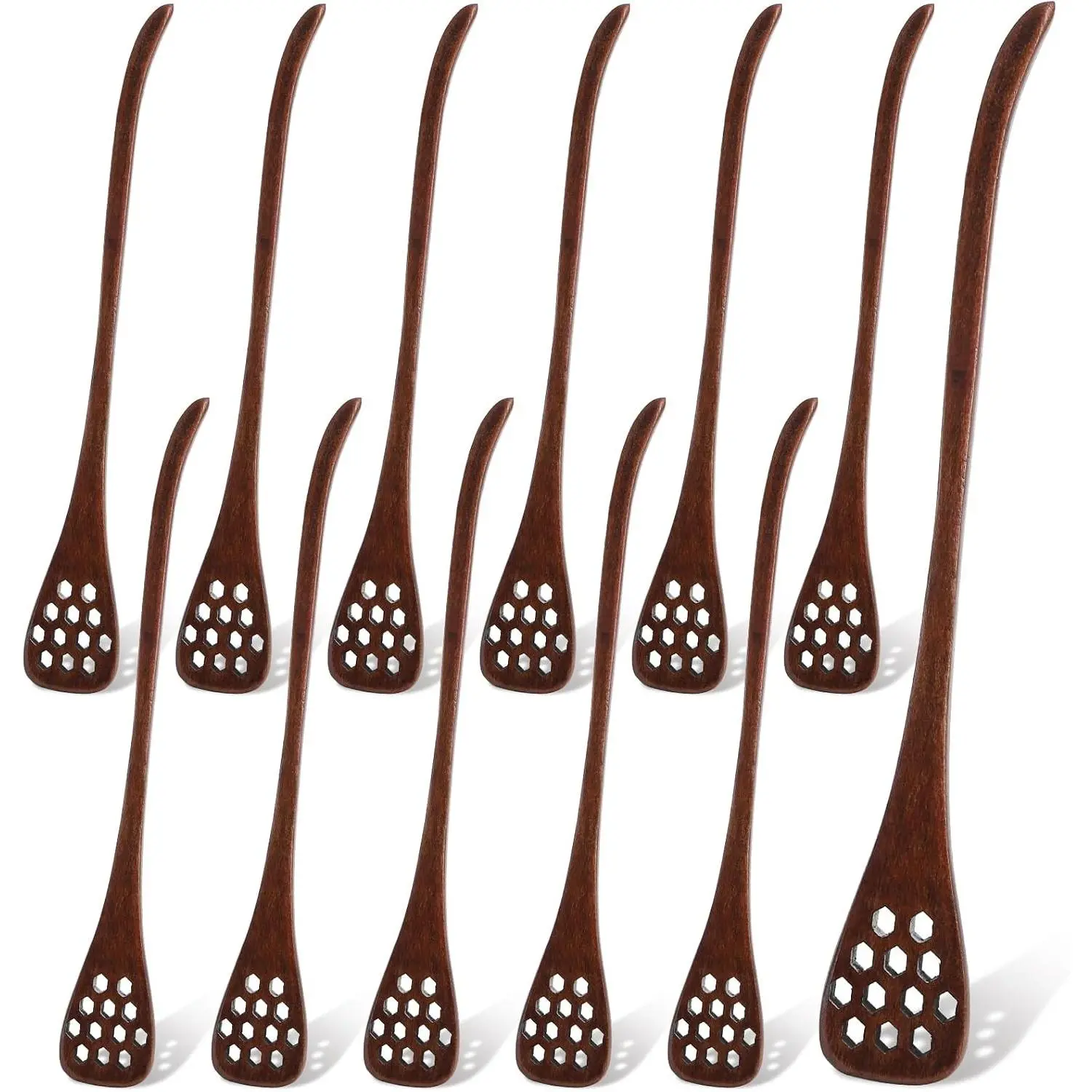 Cididu 12-Pack Wooden Honey Dipper Sticks, 7-in Long Handle with Honeycomb Holes, Food-Safe Reusable Stirrers for Home Kitchen, Syrup Spoons for Tea & Coffee