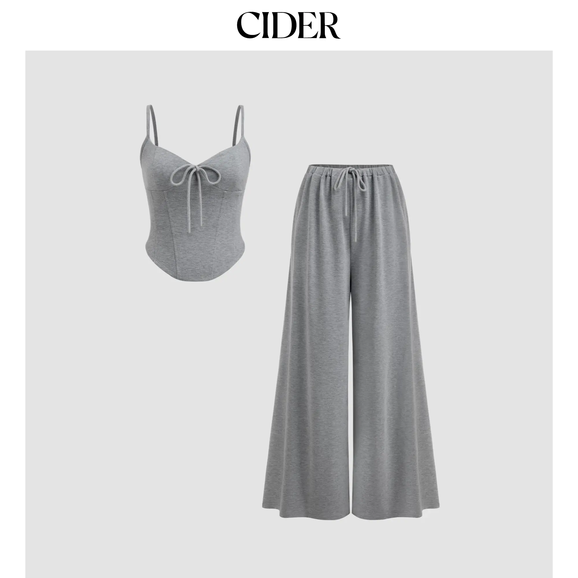 Cider Sweetheart Neckline Knotted Cami Top & Mid Rise Elastic Waist Wide Leg Trousers Set