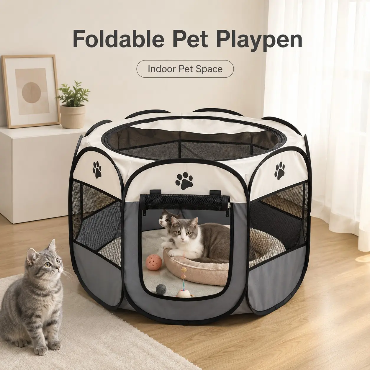 Foldable Pet Enclosure, Cat House Dog Kennel, Indoor Portable Cage, Portable Puppy Pen, Breathing Mesh Oxford Fabric, Coffee Blue, Home Use