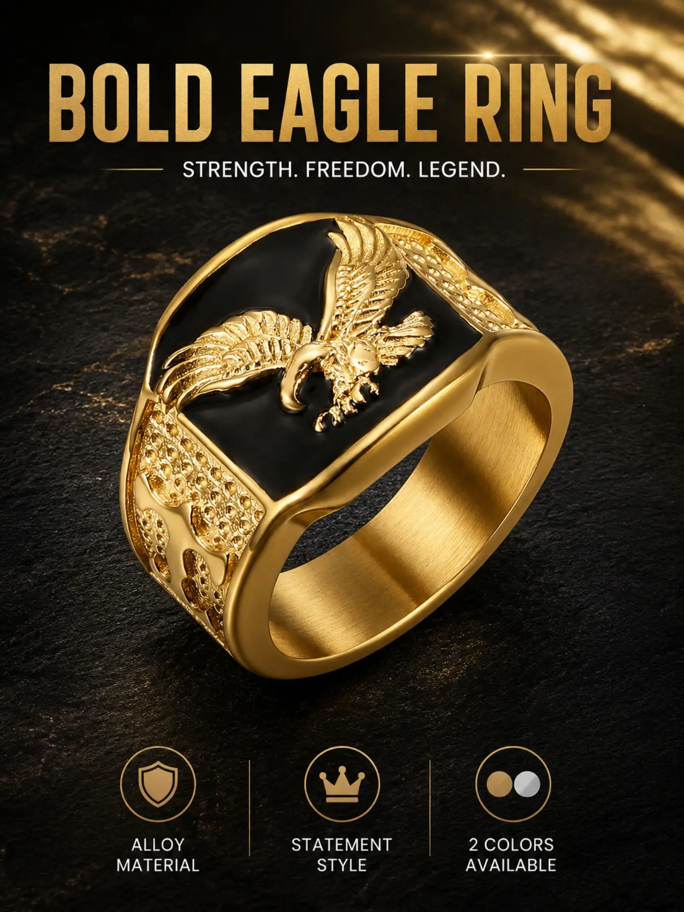 Vintage Eagle Statement Ring for Men, Black Enamel Look Alloy Wide Band, Gold/Silver Tone Punk Biker Hip Hop Jewelry, Punk Style Ring