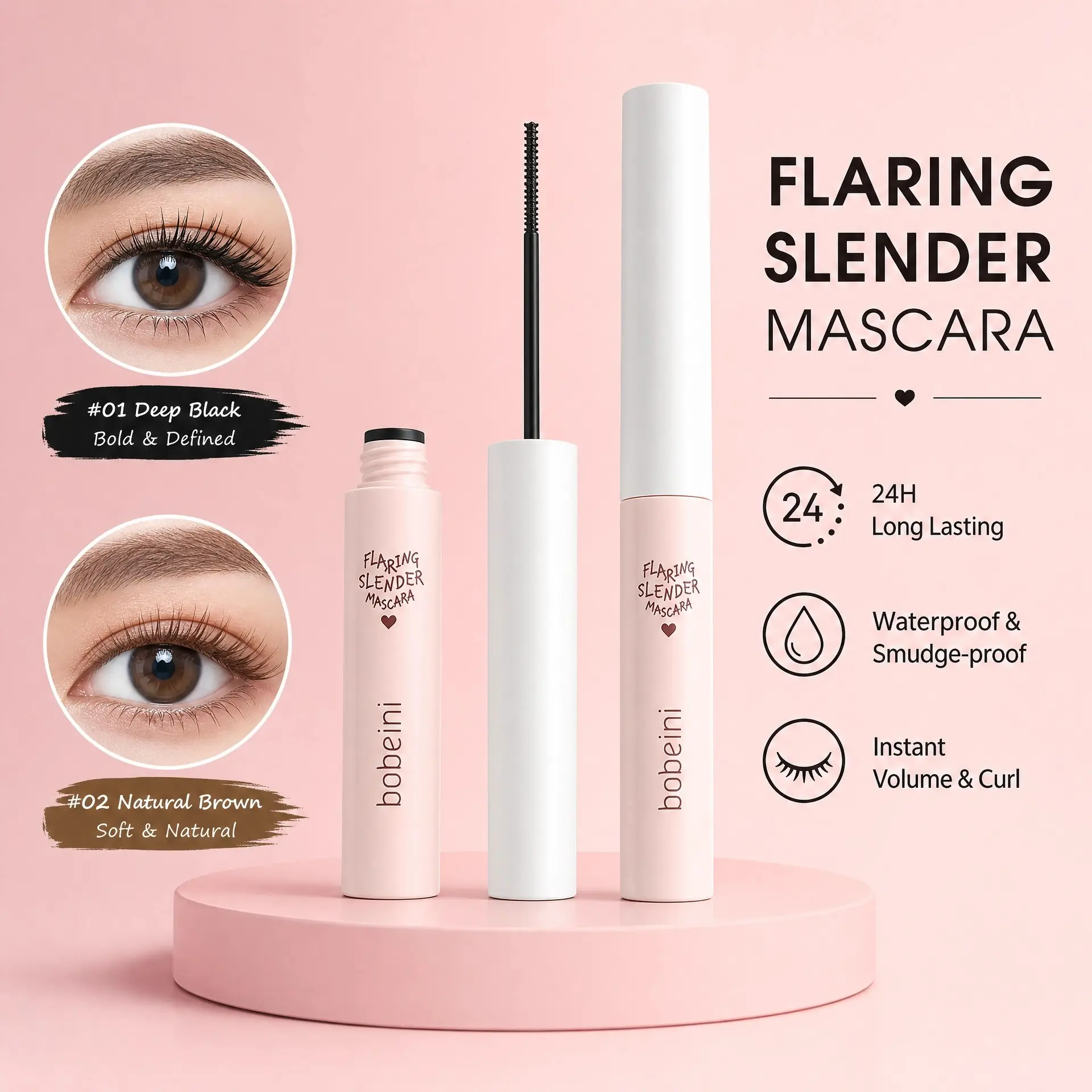 Waterproof sweat-proof slender lash mascara with feather-light texture, zero heavy buildup adds subtle volume and natural curl to match vacation leisure and long-hour outdoor daily makeup looks.