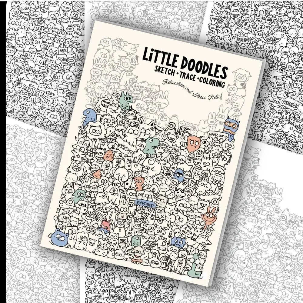Little Doodles Coloring & Tracing Book, A4 Cute Pattern Sketch Book, Stress Relief Drawing Practice Book for Relaxation, Concentration & Hand-Drawn Creations, Illustrated Activity Book, Perfect for Kids & Adults