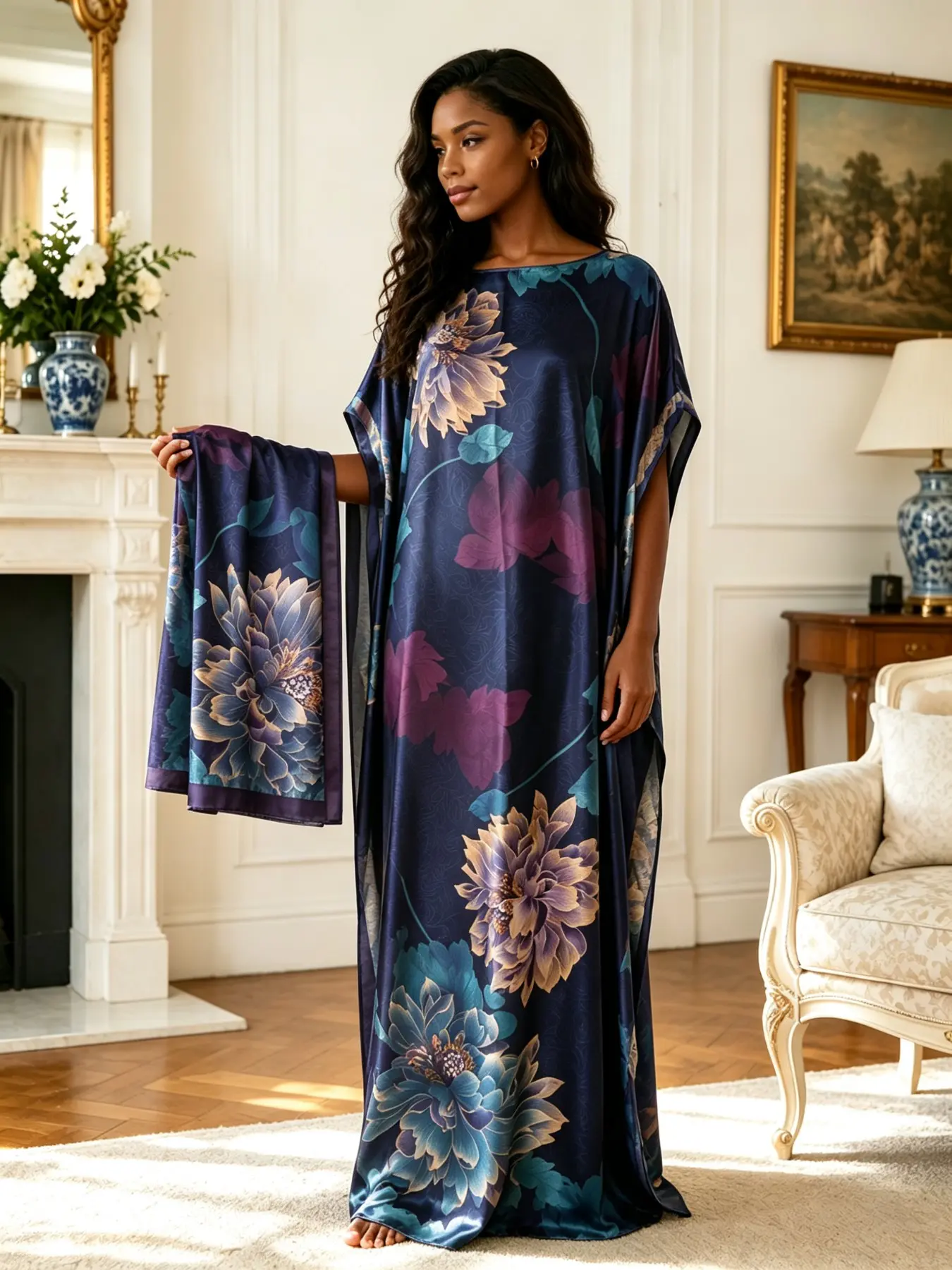 Plus Size Women's Two-Piece Satin Kaftan Set, Navy Gradient Peony Print, Loose Fit, Home Beach Vacation Wear, Includes Matching Headscarf