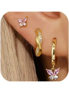 Pink-toned Butterfly 3-Piece Earring Set: Butterfly Studs, Twisted Pave-set Stone Hoop Drop Earrings & Butterfly Charm Click Hoops