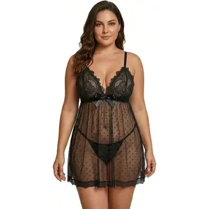 Goddess wardrobe Goddess Exclusive Plus Size Lingerie for Women, Sexy Lace Babydoll Chemise, Swiss Dot Mesh Nightie Sleepwear (1X-5X)
